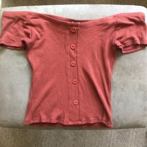 Off the shoulder rust button top